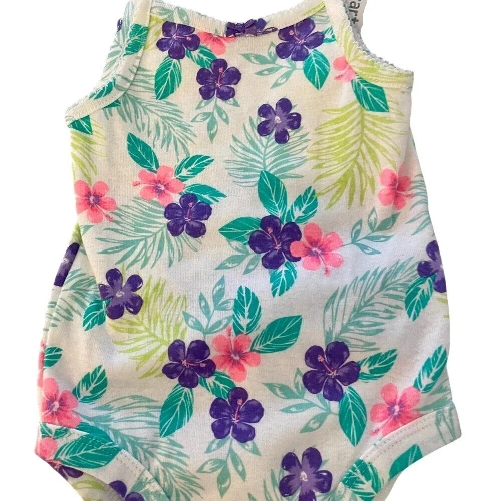Carter's 3 piece Purple floral‎ Baby romper and  shirt/ pant set 6m New